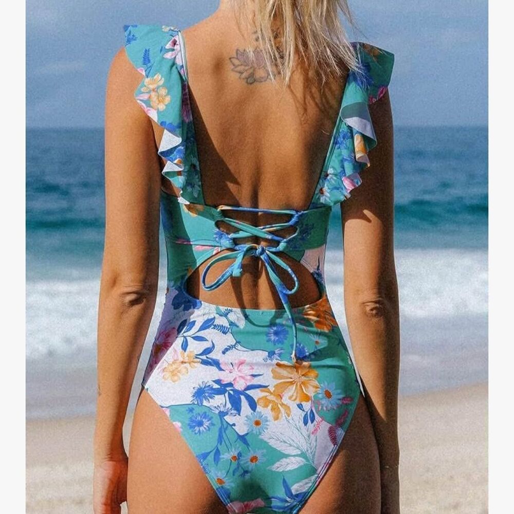Ruffled One Piece Swimsuit V Neck, NWT Small - Picture 2 of 3